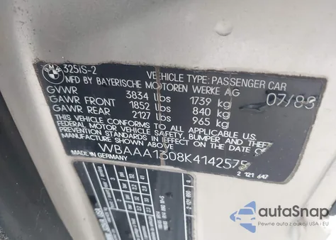 1989 BMW 325 I/Is z USA, uszkodzony, nr VIN WBAAA1308K4142575